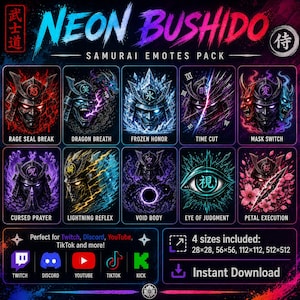 Neon Samurai Emotes Pack, Anime Warrior Twitch Emoji Set, Cyberpunk Dragon Sticker Bundle, Cherry Blossom Kick Discord Sub Badge