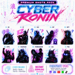 Könnte beinhalten: Ein digitales Emote-Paket mit dem Titel Cyber Ronin, das zehn verschiedene Illustrationen im Samurai-Stil mit neonblauen und pinken Akzenten enthält. Jedes Emote zeigt einen einzigartigen Ausdruck oder eine Aktion, darunter GG, EZ, SUS, RIP, WTF, HYPE, FACEPALM, FROMSHADOW, LAG und POG.