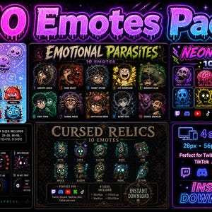 May include: A digital collection of 50 emotes titled 50 Emotes Pack, featuring five distinct sets: Soft Horror Cute, Emotional Parasites, Neon Nightmares, Void Signals, and Cursed Relics. Each set displays colorful, stylized character icons.