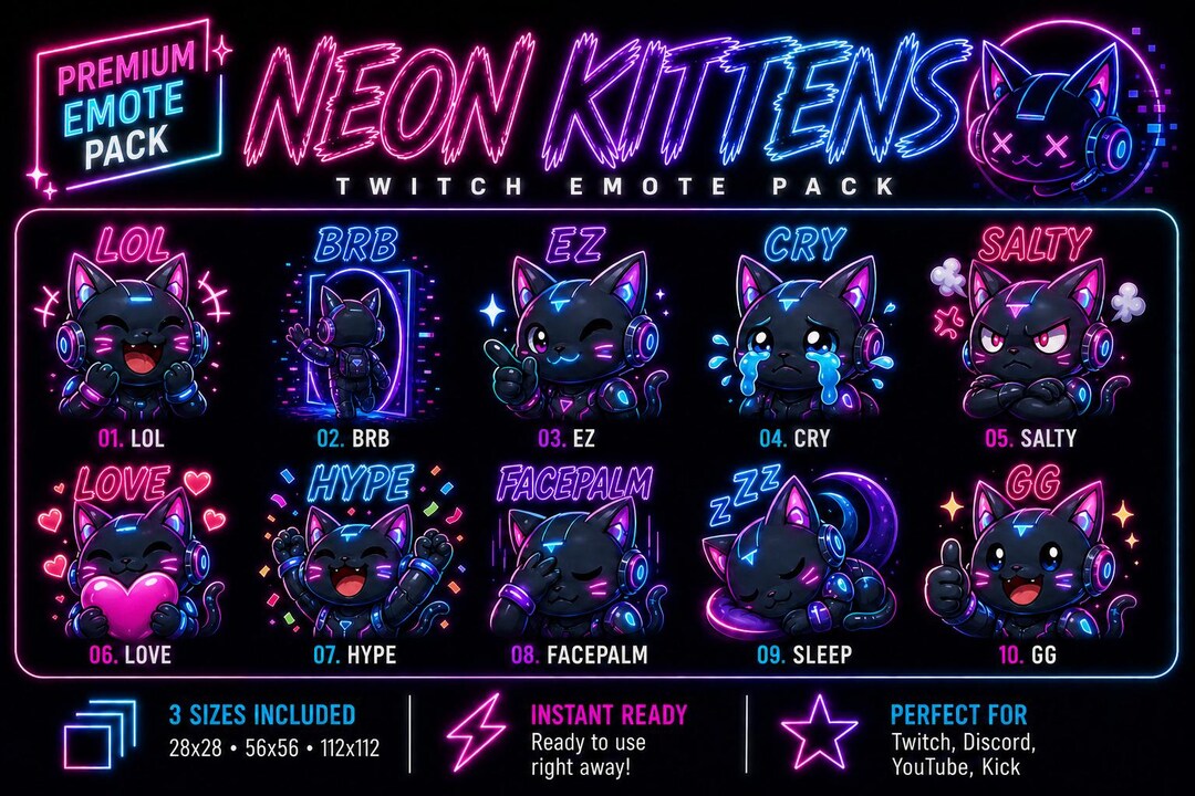 Pack Emotes Neon Kittens Style Twitch, Discord and More - Etsy