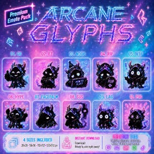 Könnte beinhalten: Ein digitales Emote-Paket mit dem Titel Arcane Glyphs, das zehn dunkle, kapuzenbedeckte Figuren mit leuchtenden violetten und blauen Neonumrissen zeigt. Jedes Emote zeigt einen einzigartigen Ausdruck oder eine Aktion, nummeriert von 01 bis 10, darunter GG, EZ, NOOB, RIP, WTF, HYPE, FACEPALM, SUS, LAG und POG.