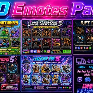 May include: A digital collection of 50 emotes featuring five distinct sets titled Blockverse Emotions 5, Los Santos 5, Rift Reactions 5, Radiant Reactions 5, and Drop In 5. Each set displays ten unique character illustrations with neon text.