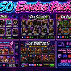 Peut inclure: Un pack numérique de 50 émoticônes intitulé 50 Emotes Pack, organisé en cinq ensembles distincts nommés Los Santos 1 à 5. Chaque ensemble présente diverses illustrations de personnages et des étiquettes textuelles, avec une esthétique néon violette et rose.