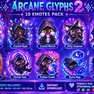 Op de afbeelding: Een digitale collectie genaamd Arcane Glyphs 2 met 10 emotes van zwarte katten in paarse gewaden met capuchon. De emotes tonen verschillende acties zoals spreuken uitspreken, kristallen vasthouden, slapen op een maan en interactie met magische items.