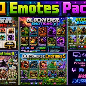Puede incluir: Una colección digital de 50 emoticonos inspirados en Minecraft llamados BlockVerse Emotions, que muestran varios personajes y objetos pixelados. El paquete incluye cinco conjuntos de diez emoticonos, con etiquetas de texto, iconos de plataformas y tamaños de 28px a 512px.