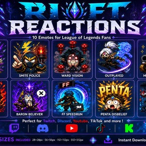 May include: A digital collection of 10 League of Legends themed emotes titled Rift Reactions. The set includes characters labeled Nexus Panic, Smite Police, Ward Vision, Outplayed, Minion Royalty, Tilt Overload, Baron Believer, FF Speedrun, Penta Disbelief, and LP Negative. The graphic displays 4 sizes included: 28x28px, 56x56px, 112x112px, and 512x512px.