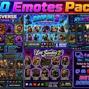May include: A digital collection of 50 emotes featuring various gaming themes including Blockverse, Drop In, Radiant Reactions, Rift, and Los Santos. Each set displays multiple character icons with text labels, platform logos, and size specifications.