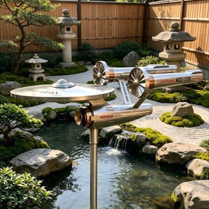 Può includere: Una scultura in metallo lucido della nave stellare Enterprise, con il testo "NCC-1701" visibile. La scultura è montata su un palo e ambientata in un giardino giapponese con uno stagno, lanterne di pietra e vegetazione lussureggiante.