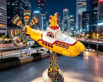 Retro jaren 60 The Beatles Yellow Submarine windspinner Yard Art Decor, psychedelische metalen draaimolen, kinetische tuinkunst buiten sculptuur gazon