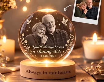 Lampada notturna commemorativa personalizzata con sfera di cristallo, regalo in memoria del papà, ricordo della perdita della mamma, regalo di condoglianze.