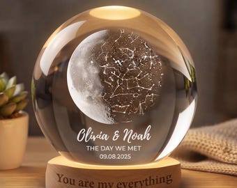 Custom Moon Phase & Star Map by Date Lamp, Personalized Crystal Ball Night Light , Wedding Anniversary Gift, Couple Keepsake, Constellation