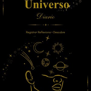 Könnte beinhalten: Ein schwarzer Tagebucheinband mit goldenen Linienzeichnungen eines menschlichen Profils, aus dessen Kopf Himmelskörper wie Planeten, eine Mondsichel und Sterne hervorgehen. Der Text lautet Signos del Universo Diario und Regista Reflexiona Descubre.