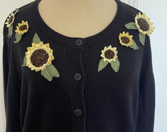 Carole Little Knitwear Black Knit Cardigan Sweater M Sunflower Embellished vintage '90s