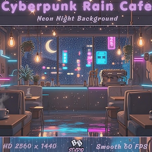 Geanimeerde achtergrondloop van een cyberpunkcafé | Regenachtige neonnachtachtergrond | Twitch, OBS, YouTube-achtergrond, geanimeerd_60FPS 1440p 10s Naadloos H264