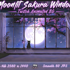 Mondbeschienenes Kirschblütenfenster – Animierter Twitch-Hintergrund (Loop) | Twitch-Hintergrund (1440p, 60 fps) | Katzensilhouette mit Blütenblättern | Nahtloser, OBS-kompatibler H.264-Hintergrund