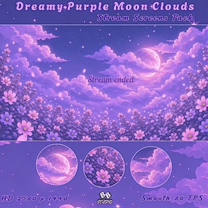 Stream-Ende-Bildschirm: Verträumter lila Mond und Wolken | VTuber-Stream-Bildschirm-Paket | Bald verfügbar | Offline - Kawaii Lofi Blumenhimmel-Hintergrund (4K 60 FPS OBS)