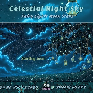 Inizio a breve Schermata OBS 4K 60FPS / Schermate di streaming VTuber / Lanterna Sakura Notte di bambù / Cielo notturno celeste Luci fatate Luna Stelle In loop