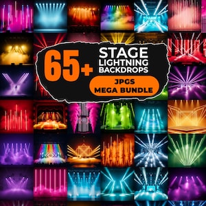 May include: A digital collection of 65+ stage lighting backdrops in a mega bundle. The image features a grid of various concert stage scenes with colorful beams, spotlights, haze, and fog effects in shades of blue, red, green, and purple.