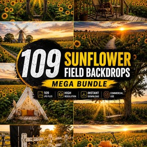 May include: A digital collection of 109 sunflower field backdrops featuring various scenes including a wooden archway, a porch with a rocking chair, a windmill, a teepee, a swing, and a red wagon with a pumpkin, all under sunset skies.