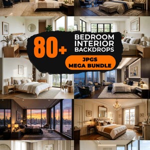 May include: A digital collection of 80+ bedroom interior backdrops in JPG format. The image displays a collage of various bedroom scenes featuring beds, nightstands, lamps, and windows with city or nature views, labeled with the text 80+ BEDROOM INTERIOR BACKDROPS JPGS MEGA BUNDLE.