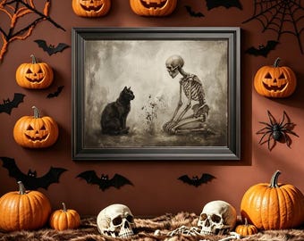 Halloween Skeleton and Black Cat Moody Sepia Oil Painting Wall Print