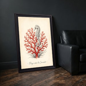 May include: A framed wall art print featuring a detailed illustration of a grey seahorse positioned in front of a vibrant red coral structure. The background is a light cream color, and the text "- Fluye como la Corriente -" is printed in black at the bottom.