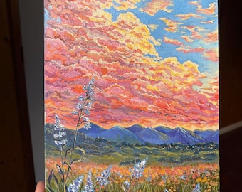 Serene Sunset Landscape Painting: Mountains, Wildflowers, Warm Sky Art