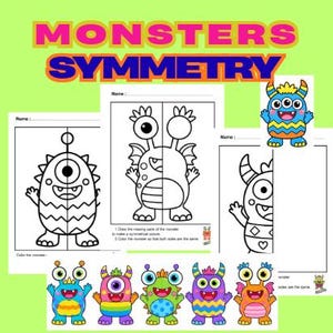 Può includere: Un set di schede didattiche intitolate MONSTERS SYMMETRY con disegni al tratto in bianco e nero di mostri a cui manca una metà. Sotto ci sono cinque illustrazioni di mostri colorate con vari motivi decorativi.