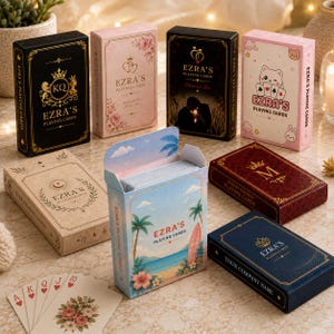 Könnte beinhalten: Eine Sammlung von Ezra's Playing Cards Kartenspielen in verschiedenen Designs, darunter schwarze, rosa, beige und blaue Schachteln. Eine geöffnete blaue Schachtel zeigt Karten mit einer Strandszene, während mehrere einzelne Spielkarten mit Blumenmotiven zu sehen sind.