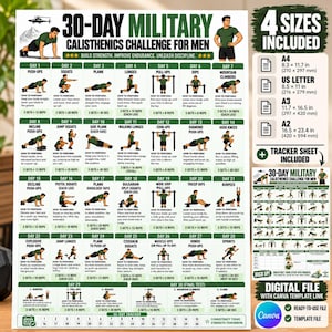 30 Day Military Calisthenics Challenge for Men, Printable Workout Chart and Progress Tracker