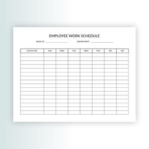 May include: A white employee work schedule template with black text and grid lines. The header reads EMPLOYEE WORK SCHEDULE, WEEK OF, and DEPARTMENT. The grid includes columns for EMPLOYEE, SUN, MON, TUE, WED, THU, FRI, and SAT with ten rows.