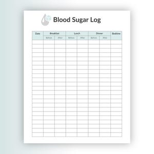 May include: A white paper Blood Sugar Log tracking sheet featuring a gray water drop and cube icon. The table includes columns for Date, Breakfast, Lunch, Dinner, and Bedtime, with sub-columns for Before and After readings for each meal.
