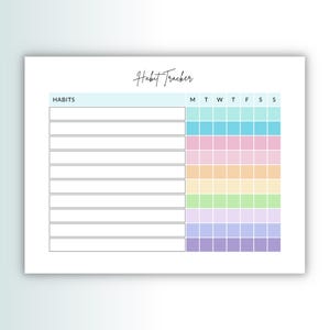 Könnte beinhalten: Ein weißer Gewohnheitstracker mit den Worten "Habit Tracker" in Schreibschrift. Der Tracker hat Zeilen für Gewohnheiten und Spalten für Wochentage mit farbigen Quadraten zur Markierung des Fortschritts. Das Wort "HABITS" ist links aufgedruckt.