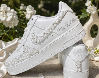 Custom Wedding Sneakers for Brides— Pearl & Silver Rhinestone Bridal Sneakers — Wedding Gift for the Bride—Handmade Custom Wedding Sneakers