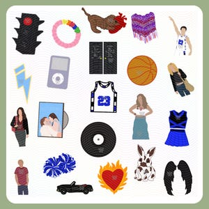 Peut inclure: Une collection d'autocollants illustrés variés comprenant un feu de signalisation, un chouchou arc-en-ciel, un chien, un poncho, un joueur de basket, un éclair, un lecteur de musique, un ballon de basket, une affiche de film, un maillot, une pom-pom girl, un disque vinyle, des pompons, une voiture, un cœur, un lapin et des ailes.