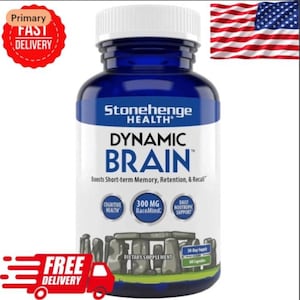 May include: A blue bottle of Stonehenge Health Dynamic Brain dietary supplement. The label includes the text "Boosts Short-term Memory, Retention, & Recall". The bottle also has the text "300 MG BacoMind" and "Daily Nootropic Support". An American flag is in the background.