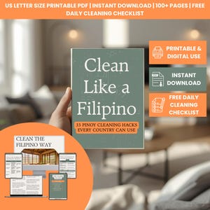 Puede incluir: Un libro verde titulado "Clean Like a Filipino" con el texto "33 trucos de limpieza Pinoy que cada país puede usar". La imagen también incluye iconos para impresión y uso digital, descarga instantánea y una lista de verificación de limpieza diaria gratuita.