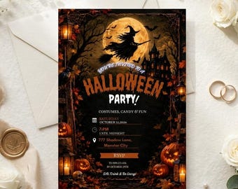 May include: A rectangular Halloween party invitation card featuring a silhouette of a witch on a broomstick against a full moon, a haunted house, and jack-o'-lanterns. The text reads: You're invited to a Halloween party, Costumes, Candy & Fun.