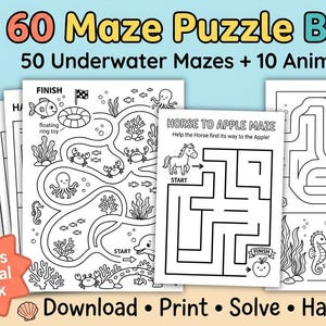 子供向け迷路パズル60個セット、印刷可能な迷路PDF、水中＆動物テーマ、脳トレアクティビティブック、幼児向け学習教材