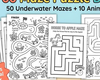 60 Maze Puzzle Bundle for Kids, Printable Mazes PDF, Underwater & Animal Themes, Brain Activity Book, Preschool Learning Fun