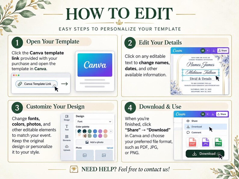 May include: An instructional graphic titled HOW TO EDIT with four numbered steps for personalizing a Canva template. It displays interface elements, icons, and text boxes showing how to open, edit, customize, and download digital designs.