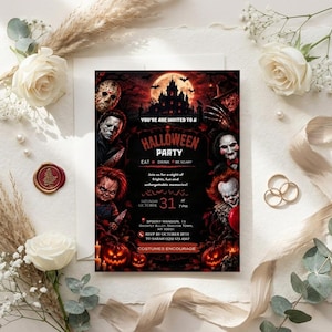 May include: A rectangular Halloween party invitation card featuring a dark, red-toned scene with a haunted mansion, a full moon, and various horror movie characters. The text reads: You're invited to a Halloween Party, Eat Drink Be Scary, and event details.