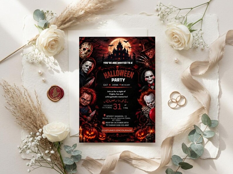 May include: A rectangular Halloween party invitation card featuring a dark, red-toned scene with a haunted mansion, a full moon, and various horror movie characters. The text reads: You're invited to a Halloween Party, Eat Drink Be Scary, and event details.