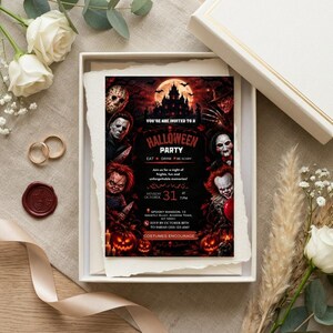 May include: A rectangular Halloween party invitation card featuring horror movie characters, a haunted castle, and a full moon. The text reads: You're invited to a Halloween Party, Eat Drink Be Scary, October 31, and Costumes Encourage.