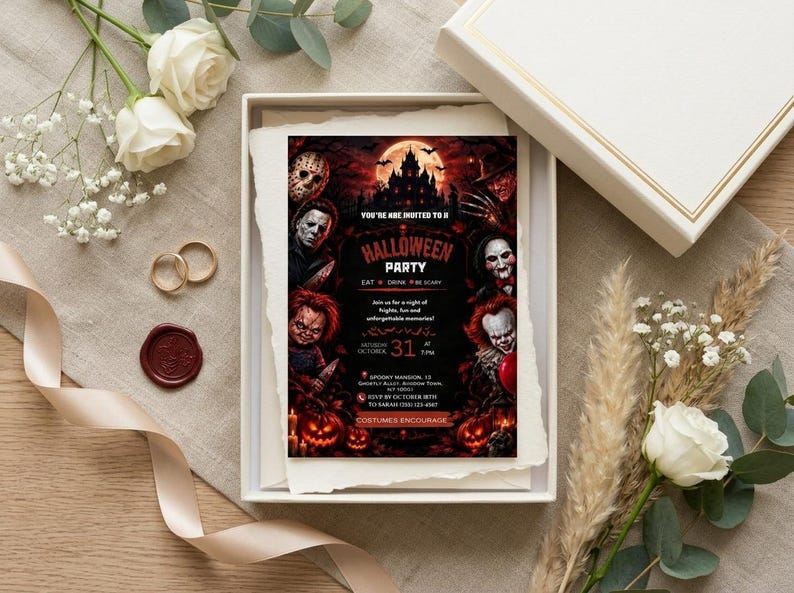 May include: A rectangular Halloween party invitation card featuring horror movie characters, a haunted castle, and a full moon. The text reads: You're invited to a Halloween Party, Eat Drink Be Scary, October 31, and Costumes Encourage.