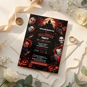 May include: A rectangular Halloween party invitation card featuring a dark, horror-themed design with iconic movie villains, a haunted castle, and a full moon. The text reads: You're invited to a Halloween Party, Eat Drink Be Scary, October 31.