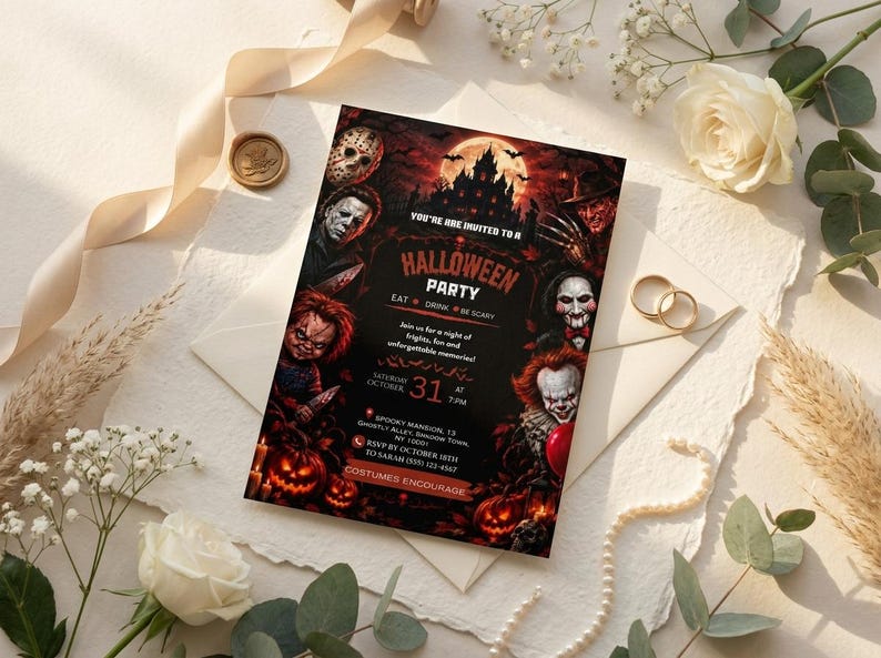 May include: A rectangular Halloween party invitation card featuring a dark, horror-themed design with iconic movie villains, a haunted castle, and a full moon. The text reads: You're invited to a Halloween Party, Eat Drink Be Scary, October 31.