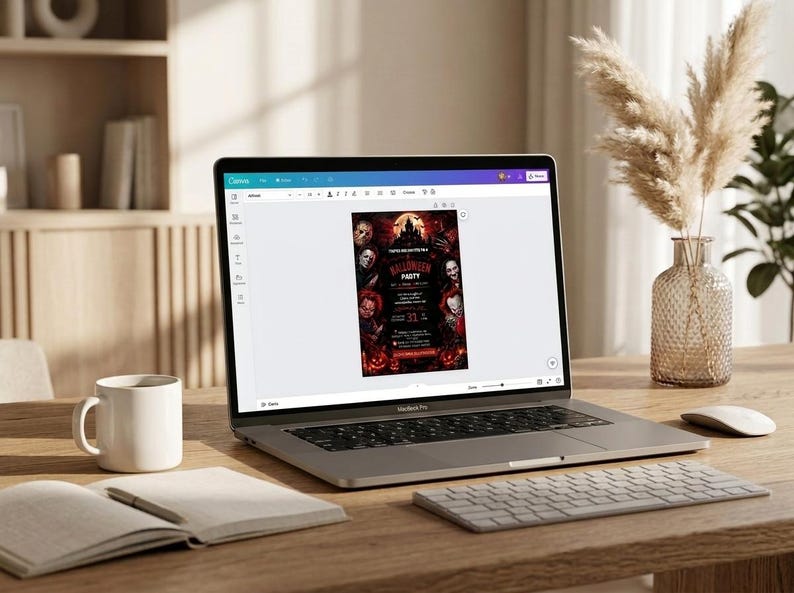 May include: A silver laptop displaying a digital Halloween party invitation template on a screen. The invitation features dark imagery of horror characters, a haunted castle, and red text. The laptop sits on a wooden desk with a white mug and notebook.
