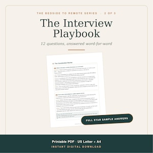 May include: The Interview Playbook, part of The Bedside to Remote Series, is a printable PDF document featuring 12 questions with word-for-word answers. The page displays The Coordination Stories with detailed text and a Full Star Sample Answers label.