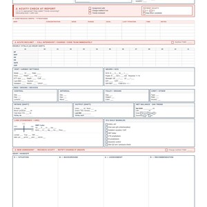 May include: A white and red ICU/Critical Care chart with sections for patient information, vital signs, and medical assessments. Includes text fields for hourly vitals, vent/airway settings, and labs. The chart is designed for medical professionals.